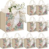 Abbylike 8 Pcs Floral Burlap Tote Bag with Handle Ribbon Jute Embroidered Grocery Bag for Women Xmas Wedding Bridesmaid Gift