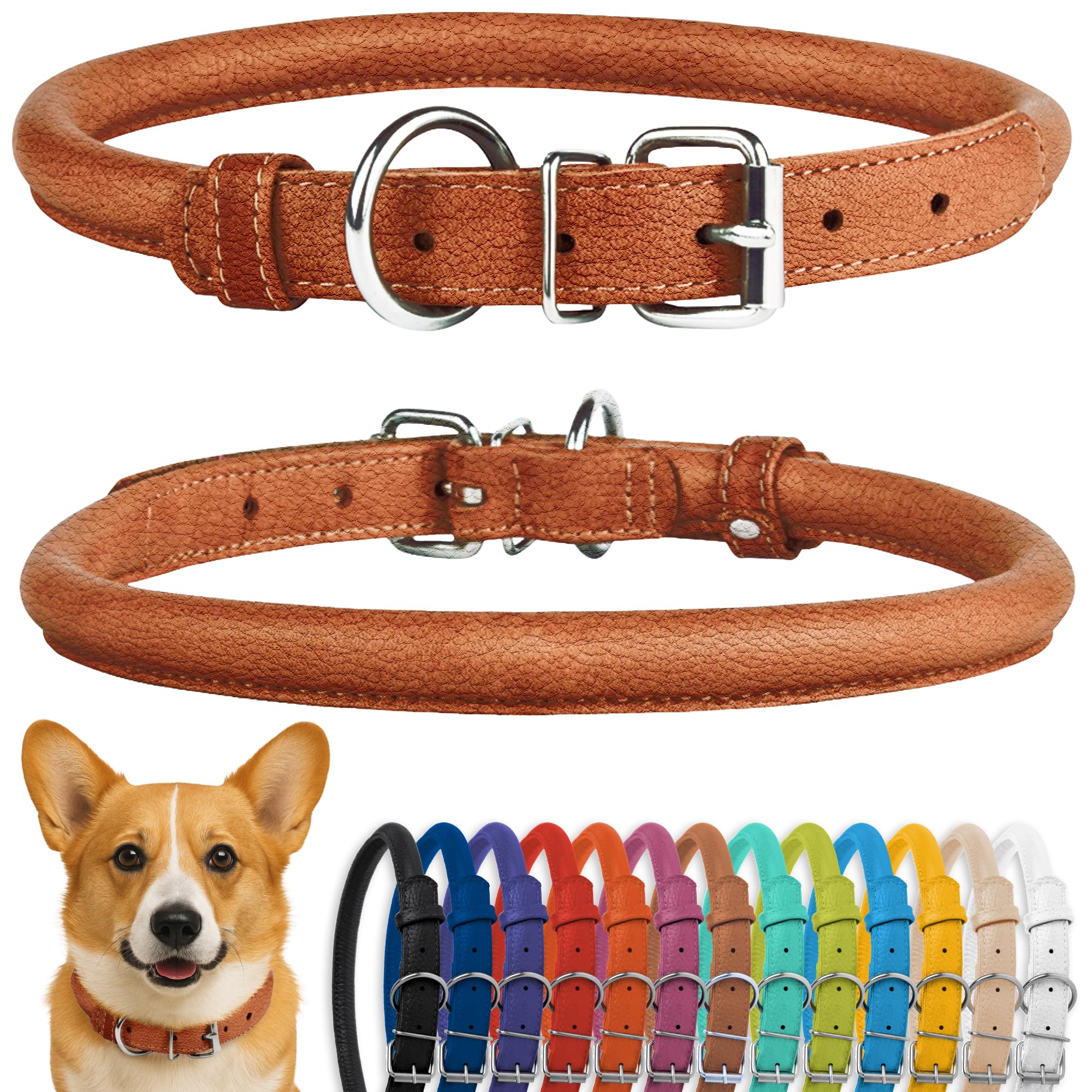 Photo 1 of CollarDirect Rolled Leather Dog Collar, Soft Padded Round Puppy Collar, Handmade Genuine Leather Collar Dog Small Large Cat Collars 13 Colors (13-16 Inch, Cinnamon Textured)