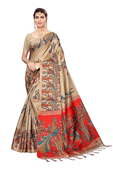 Womens Beige Color Khadi Silk Printed Saree Border Tassels With Blouse Piece(PARROT-TWITTER-CHIKU_Free Size)