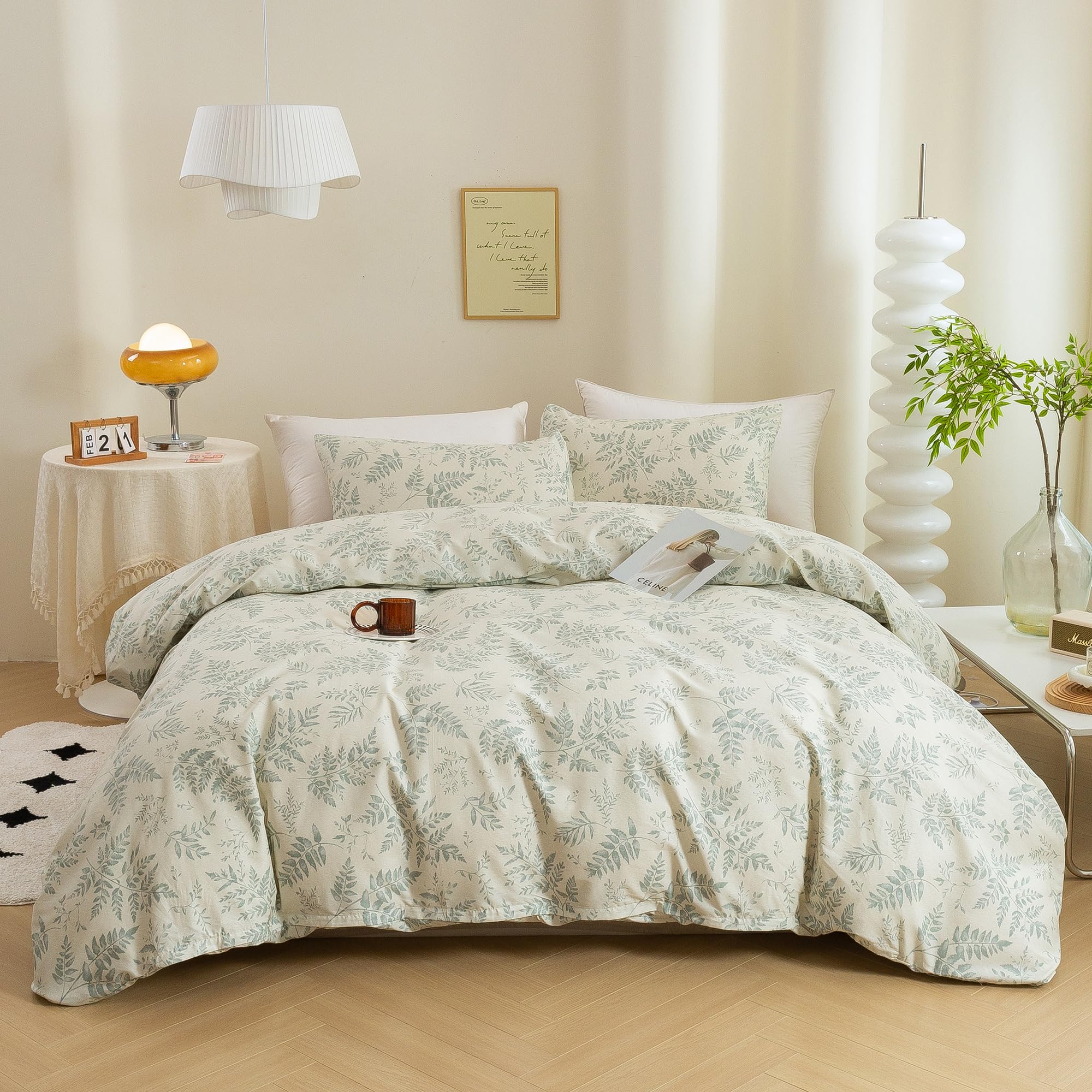 Photo 1 of ECOCOTT 3 Pieces Duvet Cover Set with Vintage Green Leaves Pattern 100% Natural Cotton Cozy Simple Style Bedding Set (Queen Size)