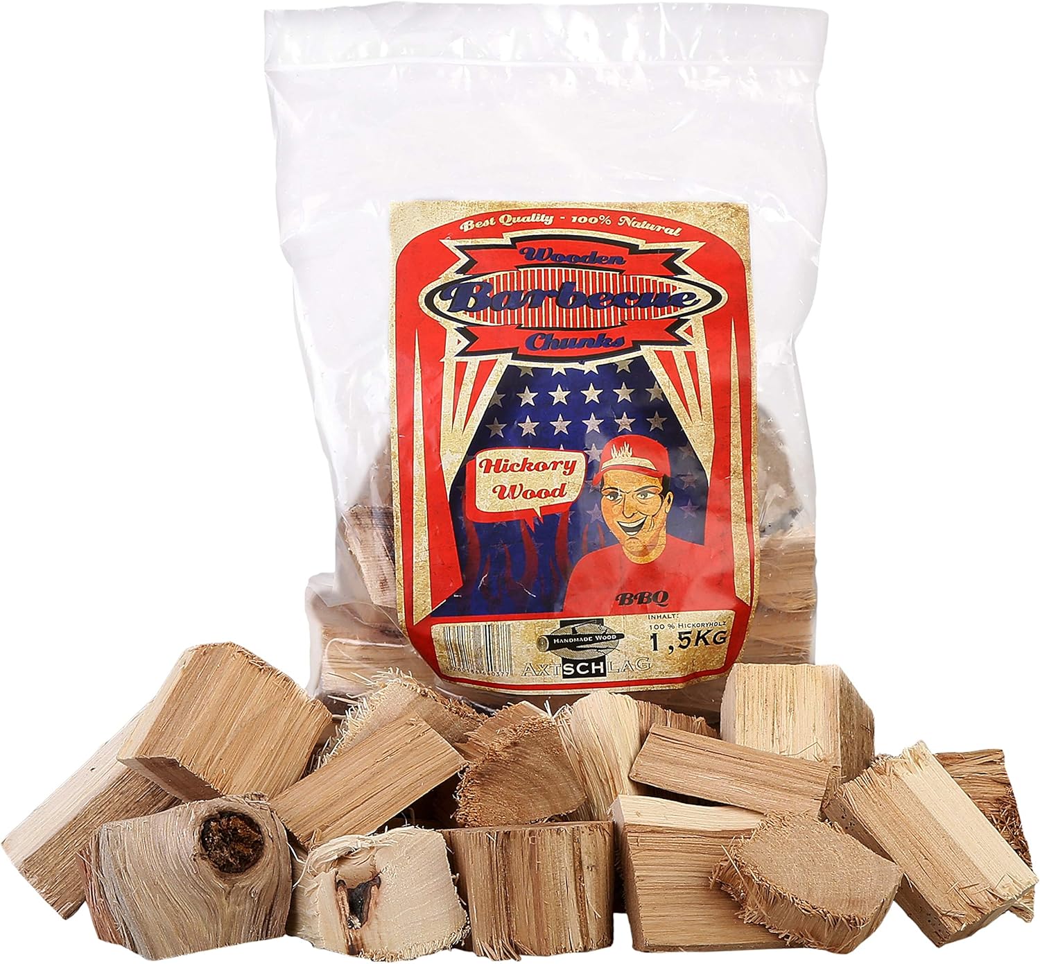 Axtschlag Räucherklötze Hickory, 1500 g XXL Packung sortenreine faustgroße Wood Chunks zum Smoken und Räuchern über längere Zeit, für alle Grills geeignet