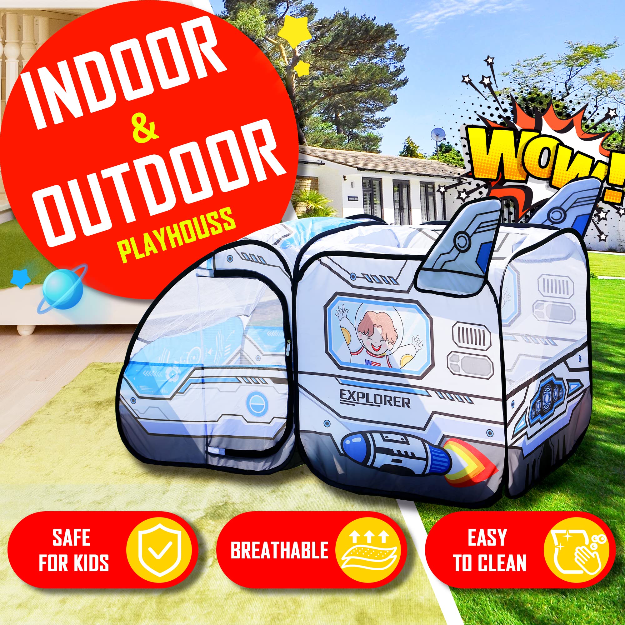 Kids Pop Up Play Tent - Spaceship Indoor Outdoor Rocket Ship Playhouse Games Party Foldable Tent Birthday Toy for Boys Girls Toddler