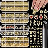 4 Boxes Gold Nail Charms and Gems for Nail Art, Nail Gems and Charms for Nails, Nail Pearls and Caviar Nail Beads, Nail Jewels and Nail Rhinestones Heart Star Nail Decorations Kit