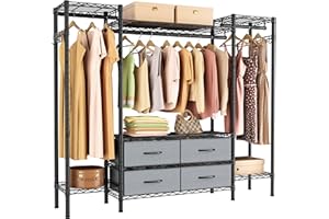 GOLPART Large Garment Rack Heavy Duty Clothes Rack,Freestanding Closet Portable Clothing Rack with 8 Adjustable Wire Shelves,3 Hang Rods,4 Fabric Drawers,2 Hooks,Metal Closet Storage Wardrobe,MaxLoad 900lbs