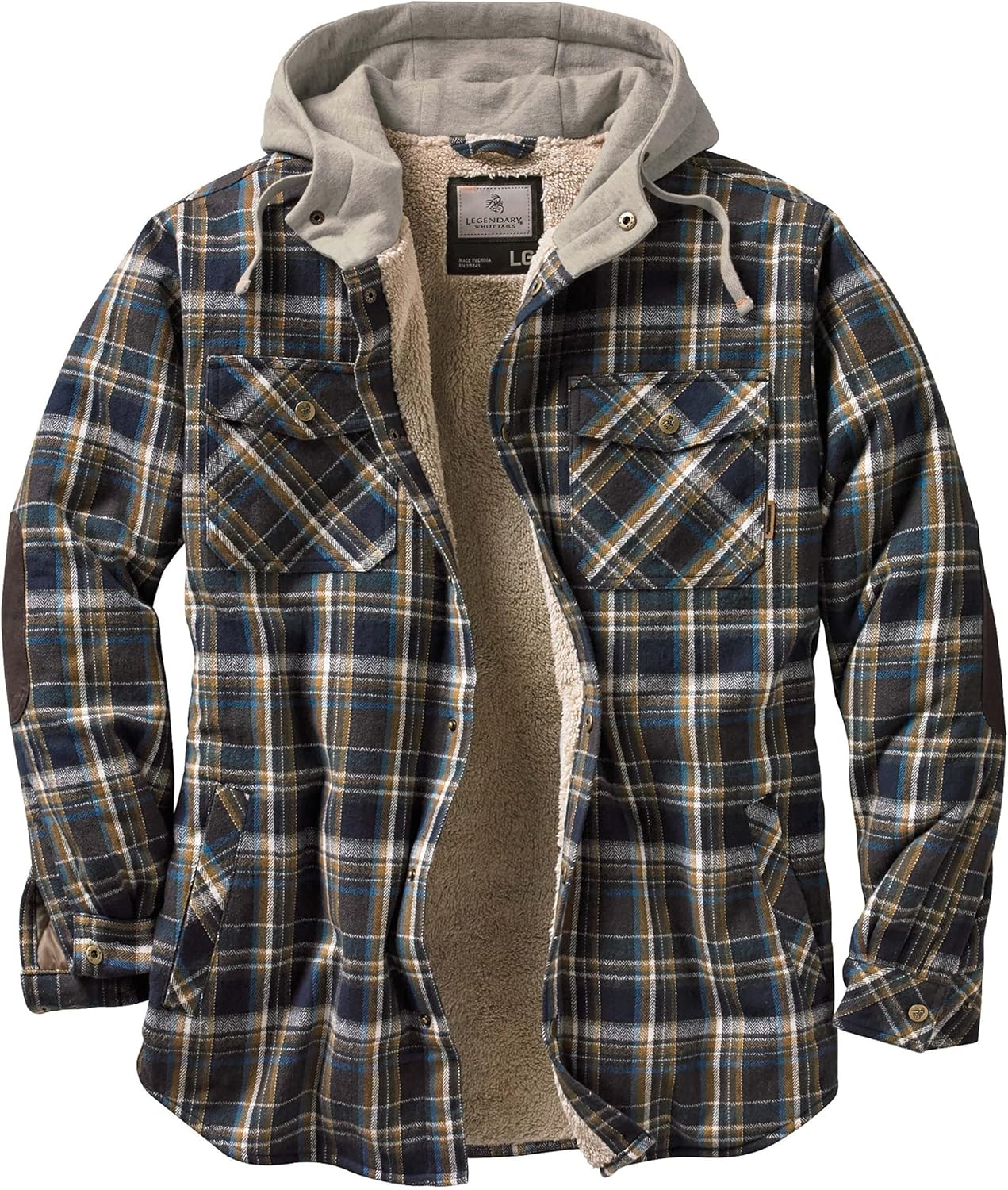 Legendary Whitetails Men's Camp Night Berber Lined Hooded Flannel Shirt Jacket: Clothing