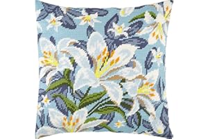 Brvsk Floral Needlepoint Kit for Adults and Beginners — White Lilies 16″ × 16″ with Clear, Precise Printed Design on Cotton Canvas; Includes 2 Needles, Yarn, and Easy-Read Chart