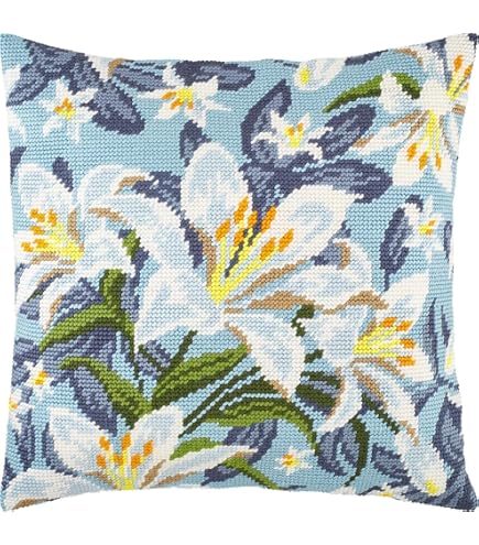 Brvsk Kit De Punto De Aguja Floral Para Adultos Y Principiantes: Lirios De 16 X 16 Pulgadas Con Diseño Impreso Claro Y Preciso En Lienzo De Algodón; Incluye 2 Agujas, Hilo