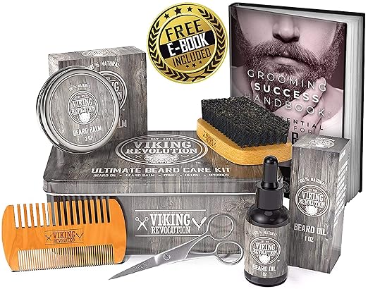 Viking Revolution Beard Care Kit for Men - Ultimate Beard Grooming Kit Includes 100% Boar Men's Beard Brush, Wooden Beard Comb, Beard Balm, Beard Oil, Beard & Mustache Scissors in a Metal Gift Box