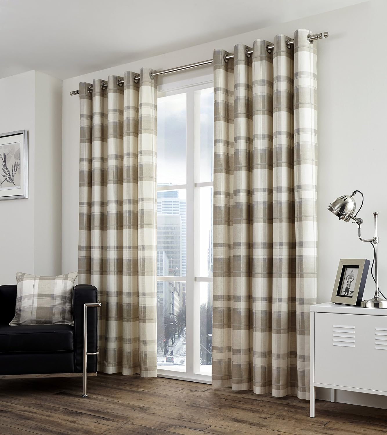 Fusion - Balmoral Check - 100 Percent Cotton Pair of Eyelet Curtains - 46" Width x 54" Drop (117 x 137cm) in Natural, Nautral