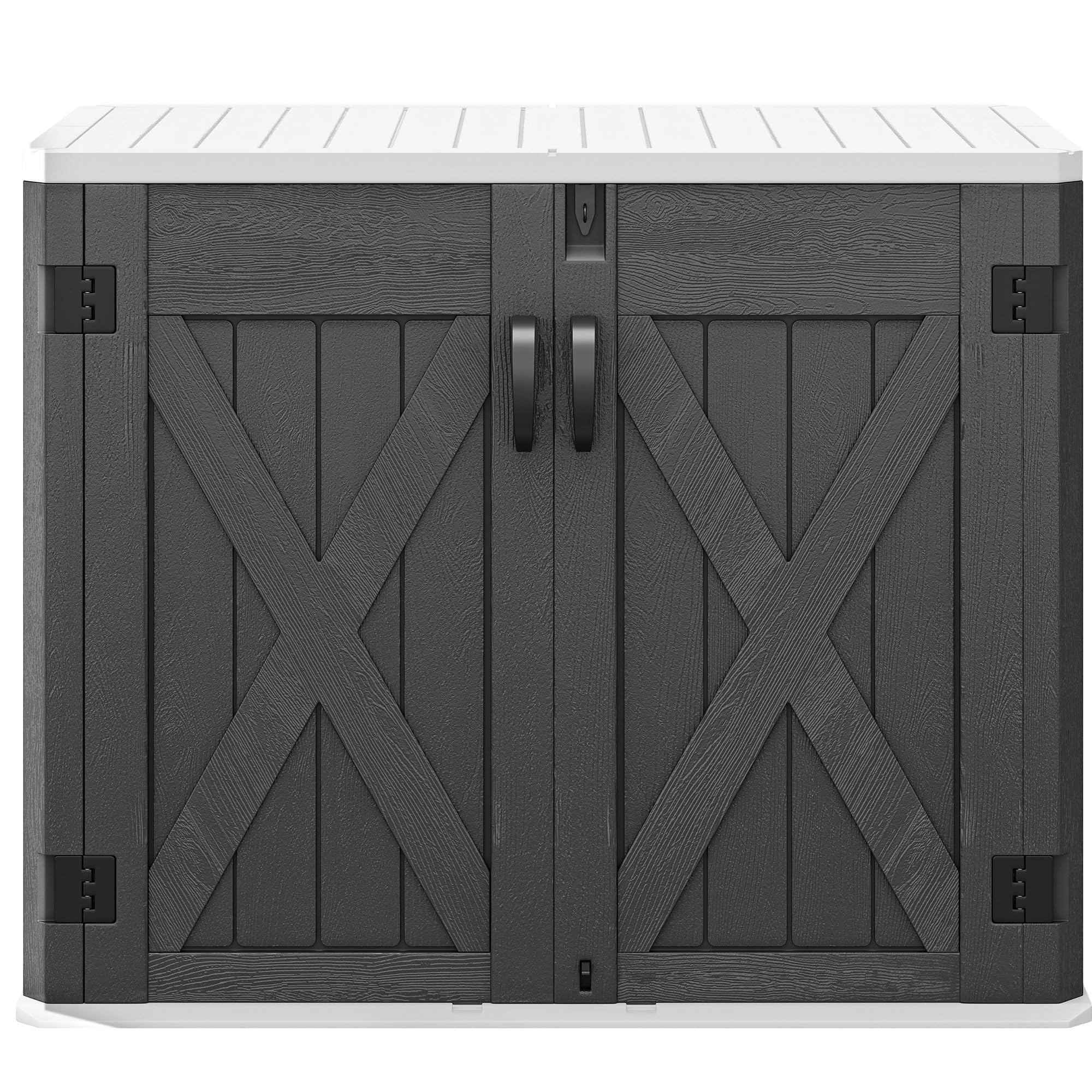 Photo 1 of **missing parts DWVO 35 Cu Ft Storage Shed with Unique X-Shaped Lockable Door, Outdoor Weatherproof Resin Shed Without Shelf for Waste Bins, Bicycles, Gardening & Lawn Equipment, Dark Gray