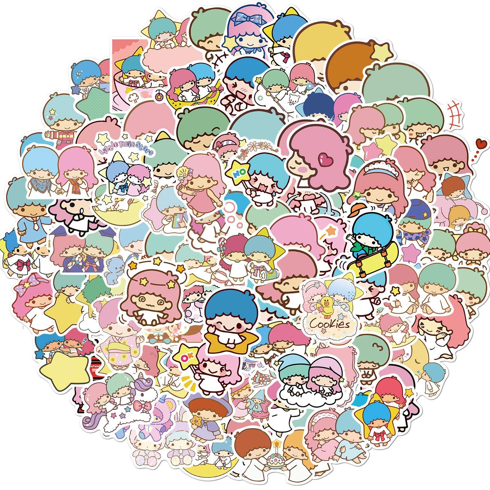 Photo 1 of 100pcs Cute Cartoon Twin Little Stars Stickers Polyvinyl Waterproof Deals Laptop Waterbottle Notebook Stickers for Kid Teens and Adult