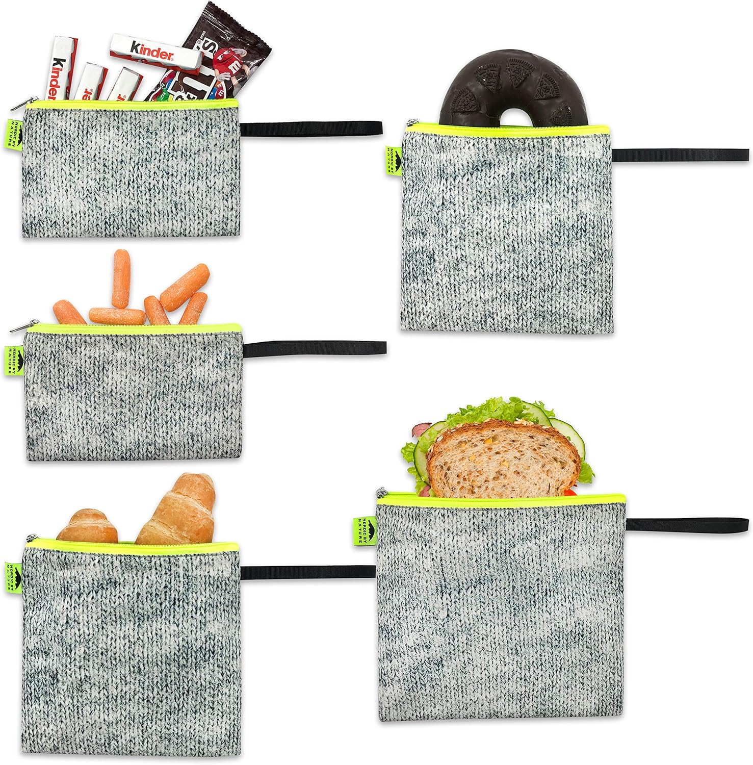 Nordic By Nature Reusable Sandwich Bag Snack Bags - Value Pack of 5 Dual Layer Lunch Baggies - Dishwasher Safe - Eco Friendly Cloth Wraps - Easy Open Zipper For Kids (Grey/Neon)