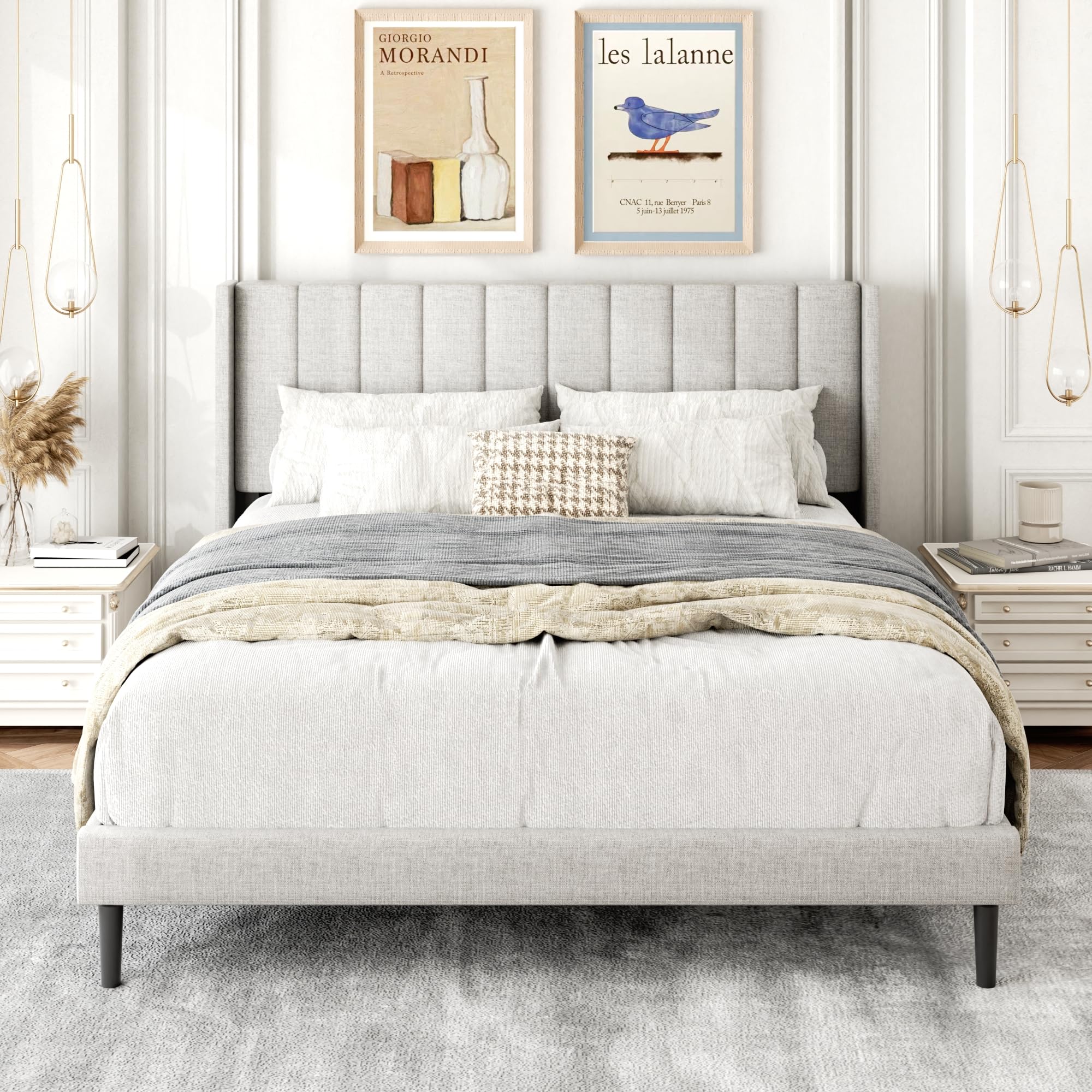 Photo 1 of ***MISSING PARTS-SELLING AS IS *** Gruwans Queen Size Bed Frame with Upholstered Wingback Headboard, Easy Assembly Platform Bed, Wooden Slat Support No Box Spring Needed, Sand