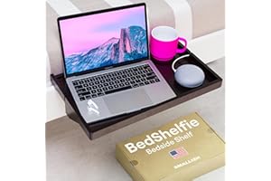 BedShelfie Bedside Shelf for Dorm Room Bunk Bed & Top Bunk, College Dorm Room Essentials, Bedside Caddy, Clip on, Floating Desk Tray, Bed Side Table Storage, Loft Nightstand Decor - Black Wood Plus