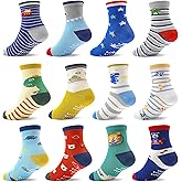 ELUTONG Toddler Grip Socks 12 Pack Non Slip Grips Crew Socks for 1-7 Years Infant Baby Boys Girls Kids