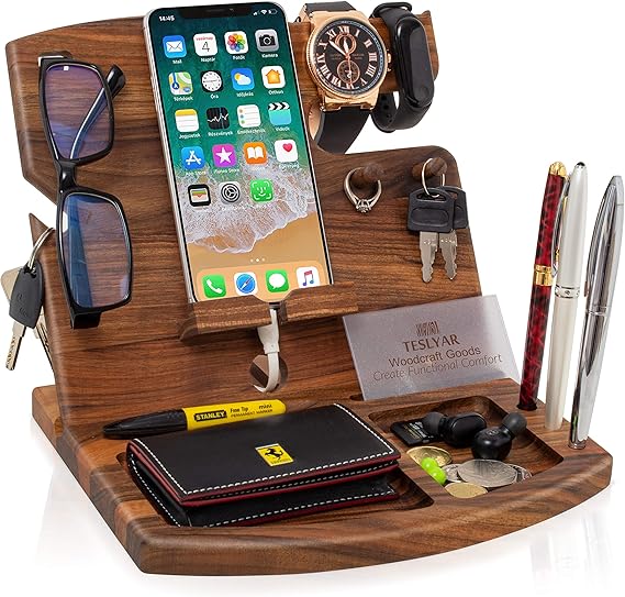 Amazon Com Teslyar Natural Walnut Wood Phone Docking Station Key Holder Stand Organizer Men Nightstand Wallet Watch Purse