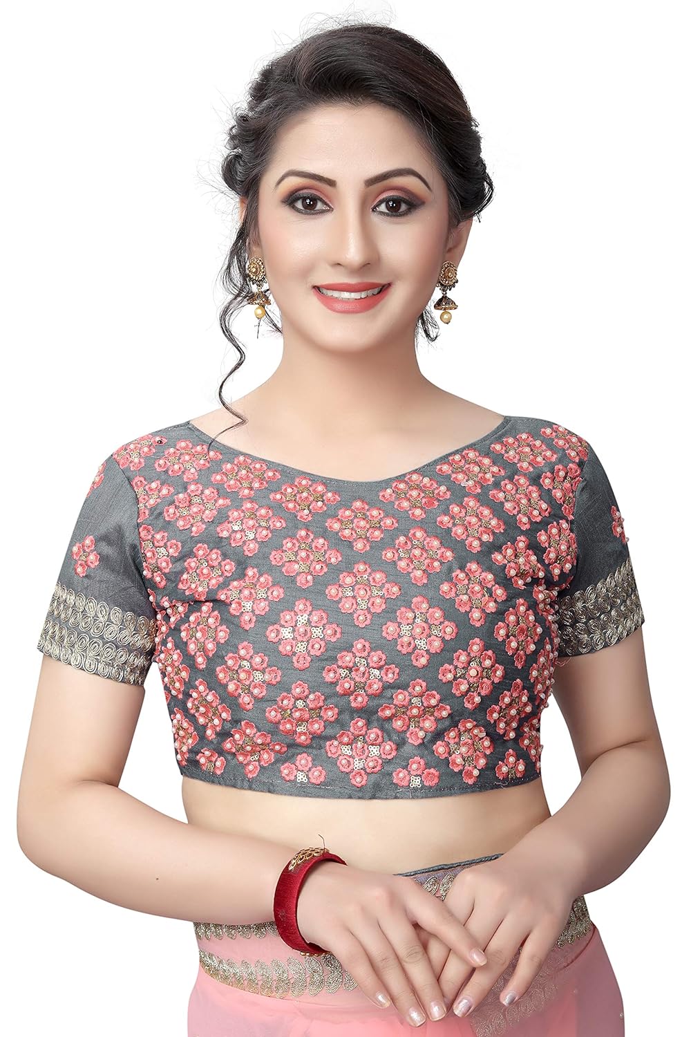 sretan women's georgette embroidered saree with embroidered blouse piece