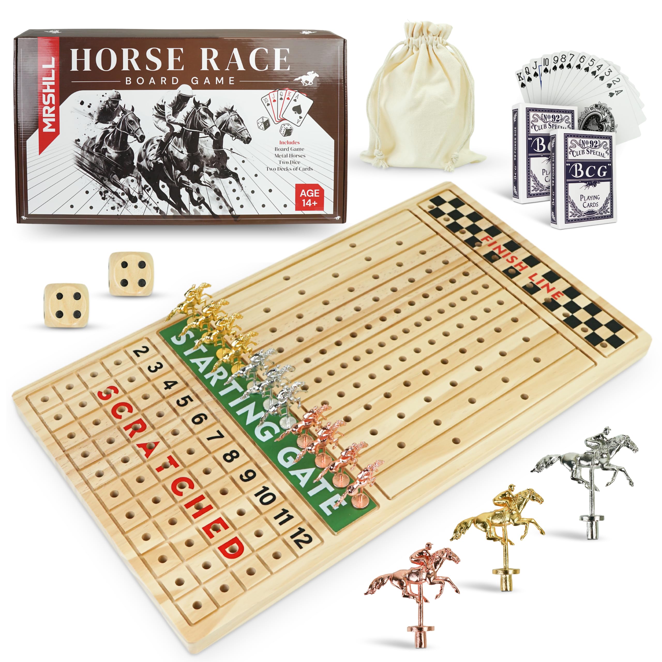 Photo 1 of MRSHLL 21” Horse Race Board Game – Luxury Wooden Horse Racing Board Game with 11 Classic Metal Horses, 2 Dice & 2 Decks of Cards - Horse Game with Dice - Board Games – Ages 14+