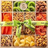 NUT CRAVINGS - Purim Mishloach Manot Dried Fruit & Mixed Nuts Gift Basket in Reusable Wooden Tray + Ribbon (12 Assortments) Food Arrangement, Healthy Snack Care Package, Kosher