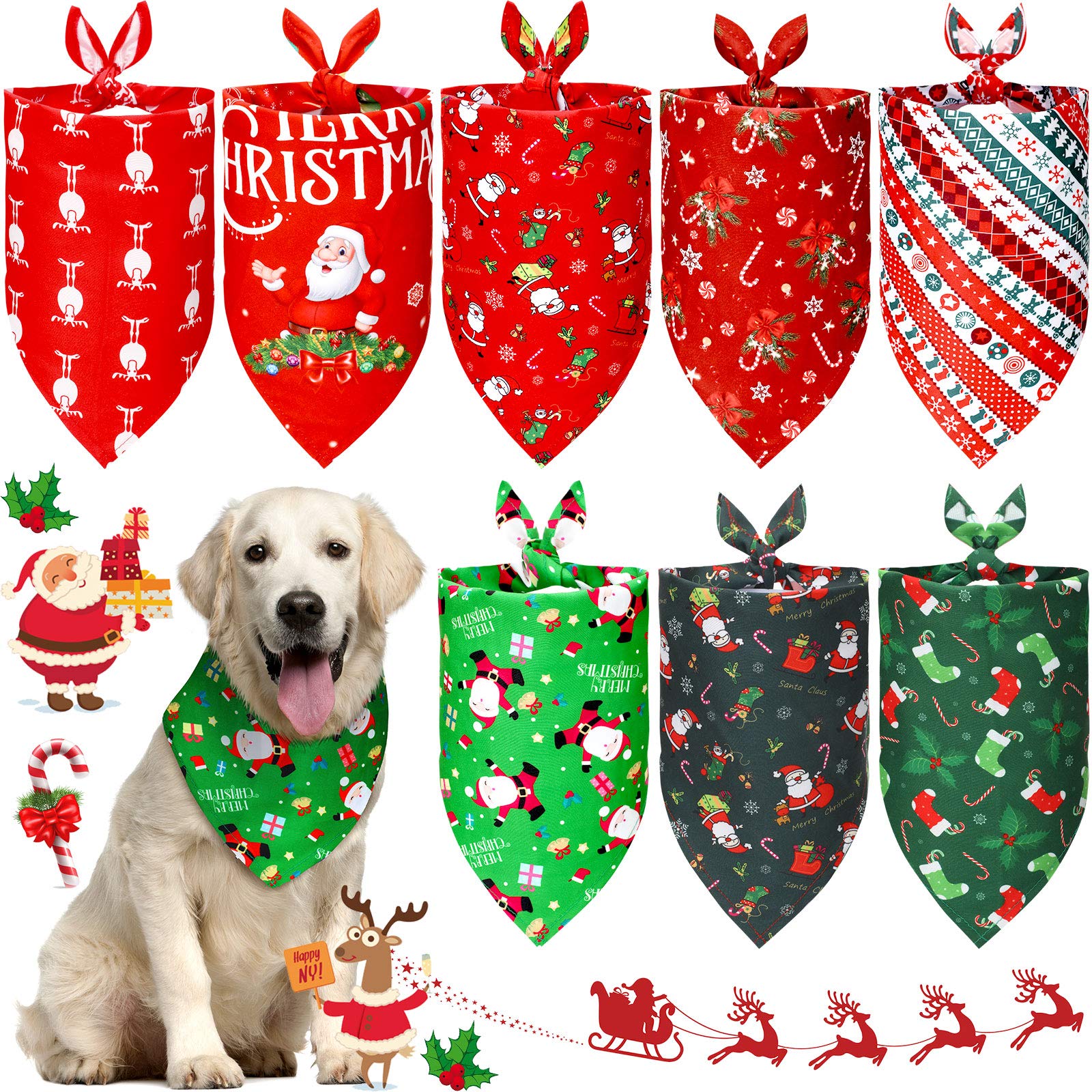 8 Pieces Christmas Dog Bandana Triangle Bandana Pet Bibs Washable Santa Claus Bandanas Kerchief with Stylish Stocking Snowflake Deer Pattern for Pet Costume Accessories Decoration (Classic Pattern)