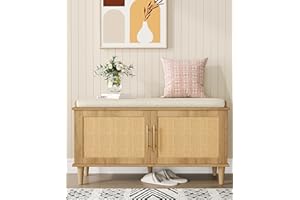 Akxomel Natural Rattan Shoe Storage Bench with Cushion, Entryway Shoe Cabinet Bench with 2 Doors, 15"D x 39.4"W x 20"H, Wooden Shoe Organizer, Adjustable Shelf, Solid Wood Legs, for Hallway, Bedroom