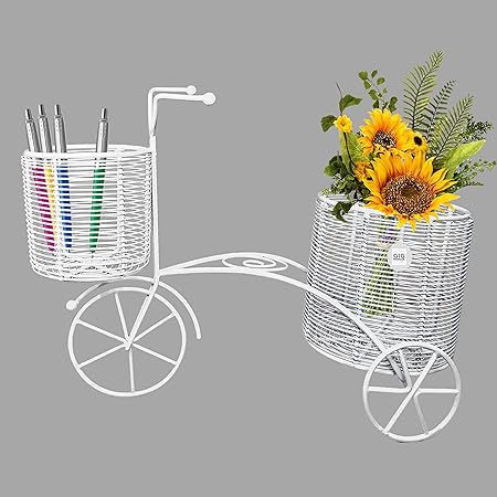 GIG Handicrafts Tabletop Metal Cycle Rickshaw Decorative Flower Plant Pen Holder for Gift (27 cm x 40 cm x 18 cm,White)