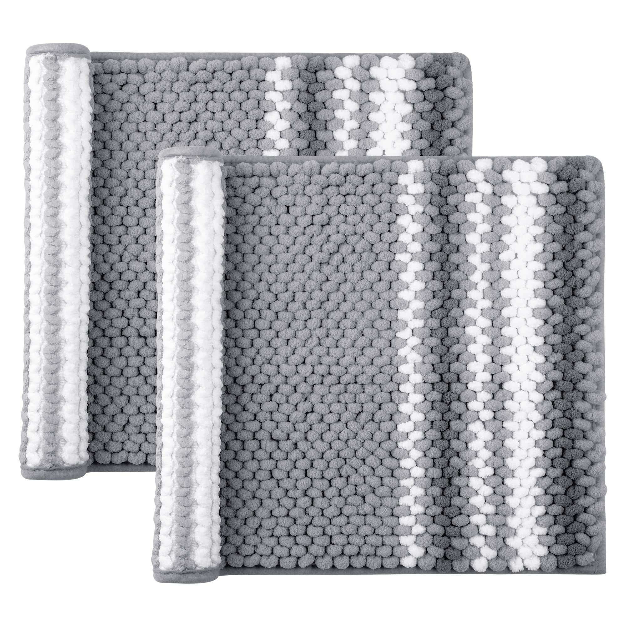 PiccoCasa Chenille Bathroom Rug Set of 2 Extra Soft Fluffy, Non-Slip Bath Mat Shaggy Rugs Absorbent Area Rugs Washable Carpet for Tub, Kitchen Floor Dark Gray and White 43cmx61cm - 2Pack