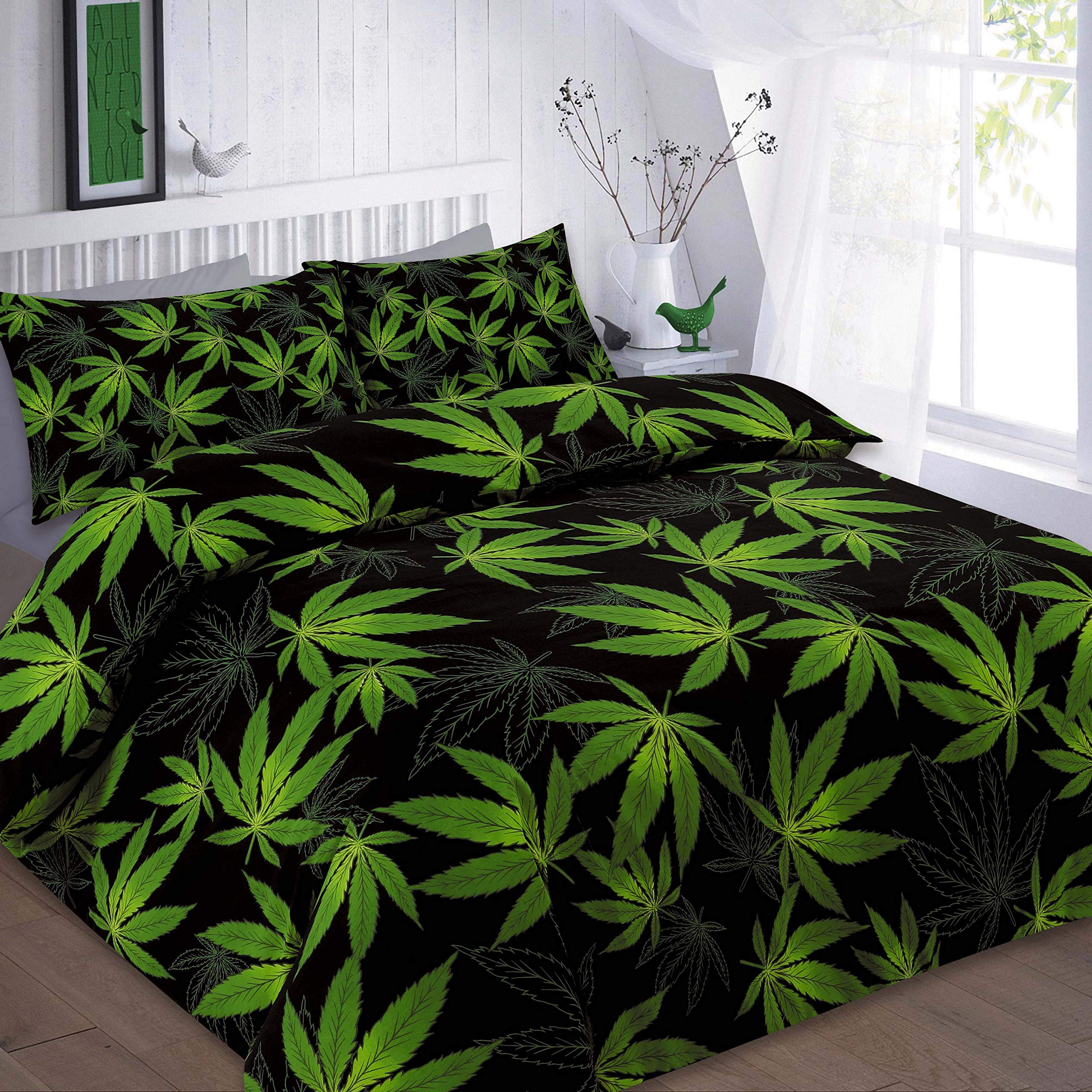 click2style Cannabis Polycotton Duvet Quilt Cover Set with Pillow Cases Bedding Sets (Green Black, Single)