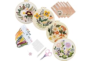Bonroy 4 Sets Embroidery Set for Beginners Art Crafts Easy Sewing Includes Embroidery Clothes with Pattern, Hoop, Instruction Manual, Color Stitch Set (Assorted 1)