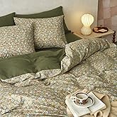 Wake In Cloud - Floral Comforter Set, Cute Vintage Flower Cottagecore Aesthetic for Women Teen Girls, Soft Lightweight Dorm Bedding, 3 Pieces, Olive Green, Twin/Twin XL Size