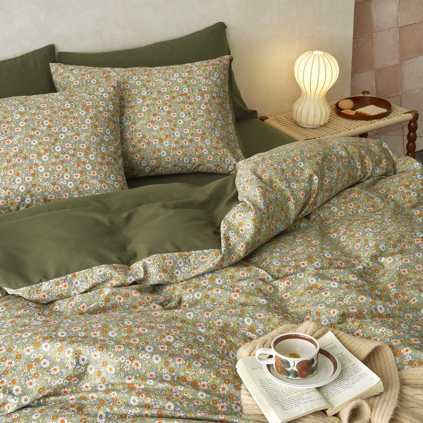 Photo 1 of Wake In Cloud - Floral Comforter Set, Cute Vintage Flower Cottagecore Aesthetic for Women Teen Girls, Soft Lightweight Dorm Bedding, 3 Pieces, Olive Green, Twin/Twin XL Size