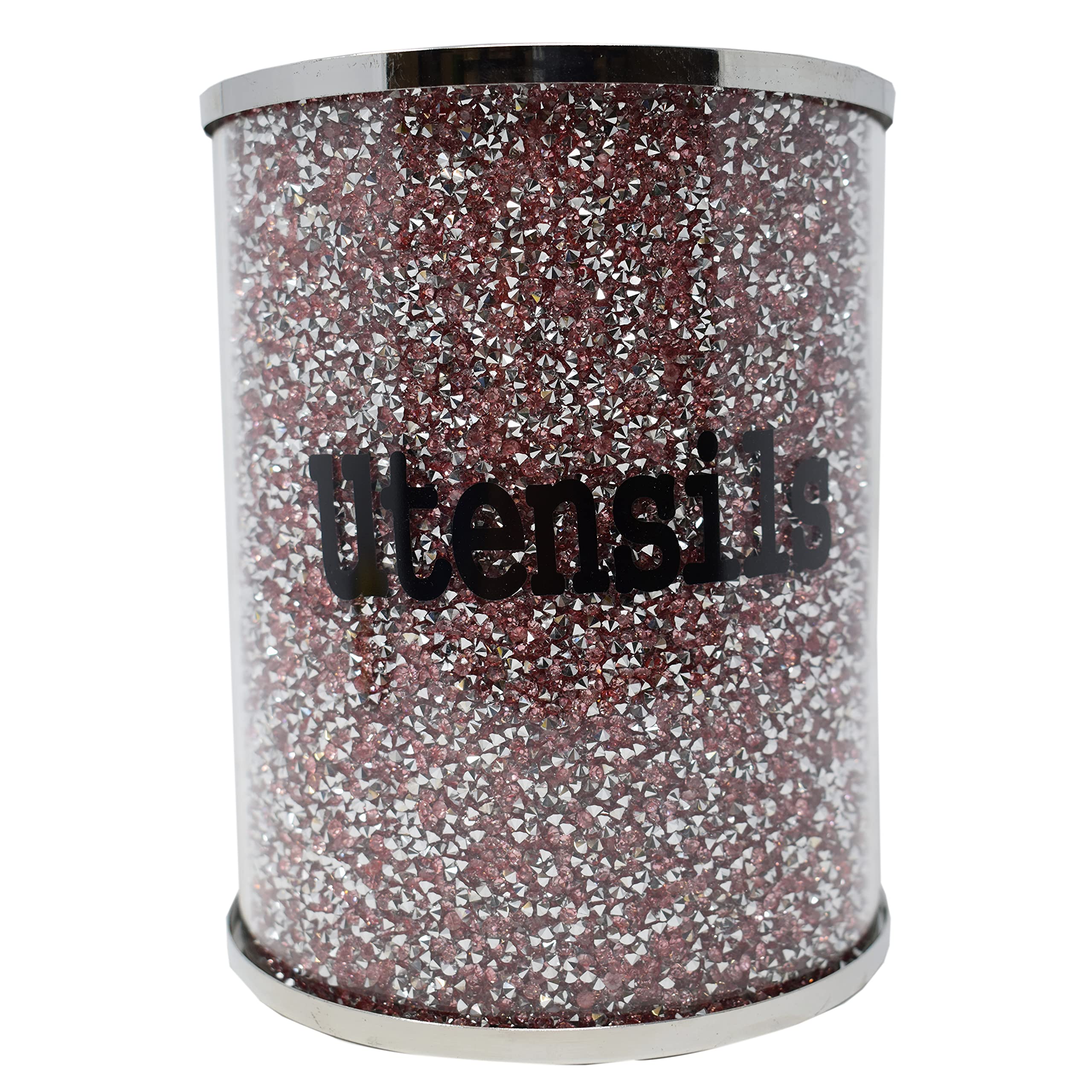 Farmhouse Chic Pink Crystal-Filled Diamond Kitchen Utensil Holder with Silver Metal Frame - Stylish and Compact Countertop Organizer for Kitchen Accessories - 16 x 13 x 13 Inches