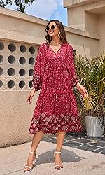 HECCPLI Women's Bohemian V Neck Floral Print A-line