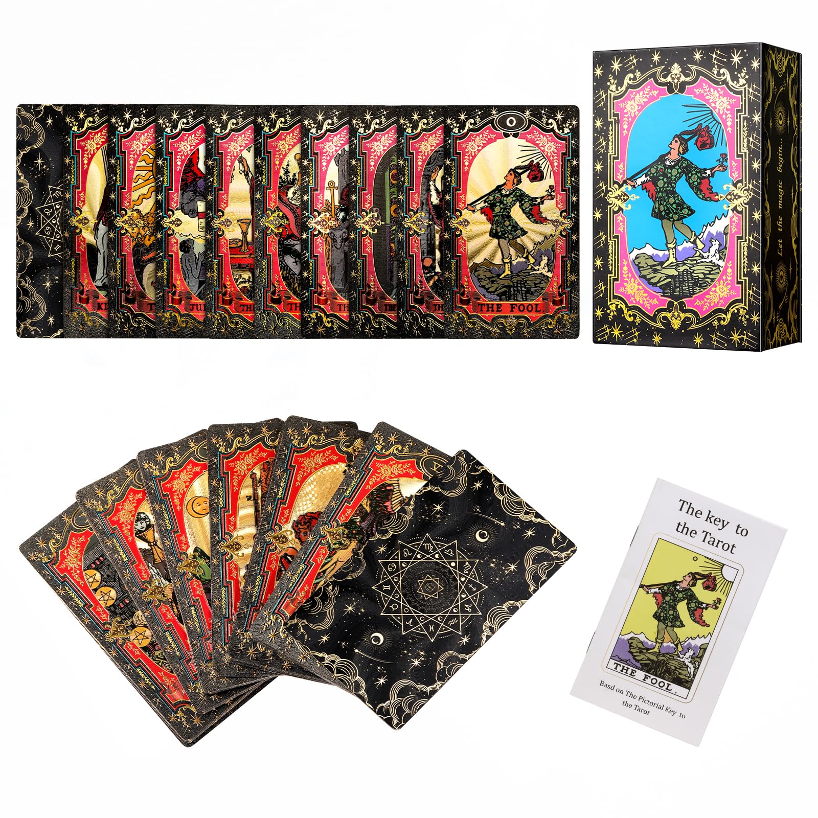 SUNHHX Tarot Cards, 78 Gold foil Tarot Cards Deck for Beginners and Professional Player with Box Tarot PVC Durable Waterproof Wrinkle Resistant