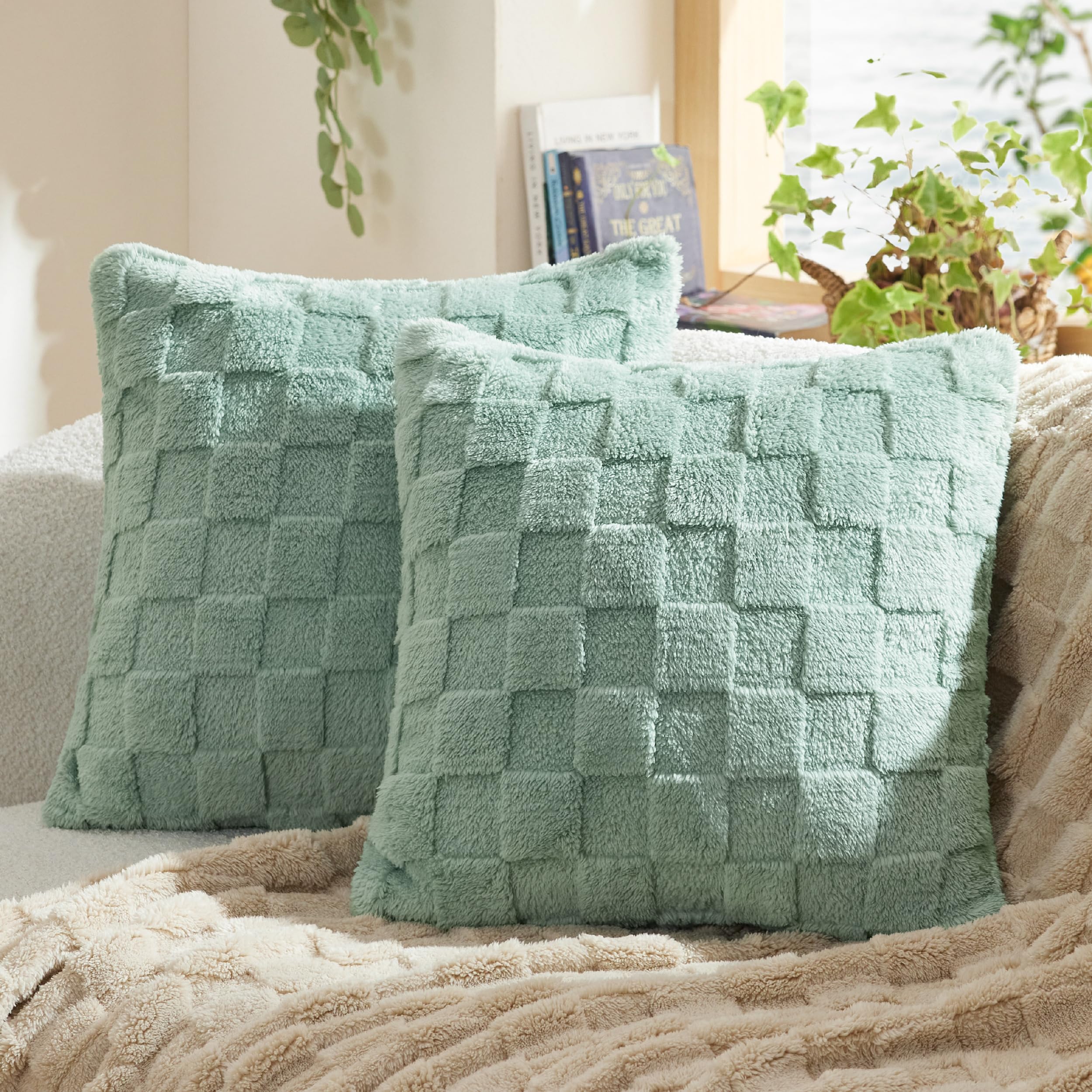Photo 1 of Bedsure Sage Green Throw Pillow Covers 18x18 Set of 2, Soft Decorative Fluffy Checkered Spring Sofa Pillow Covers, Home Decor for Living Room Couch Bed