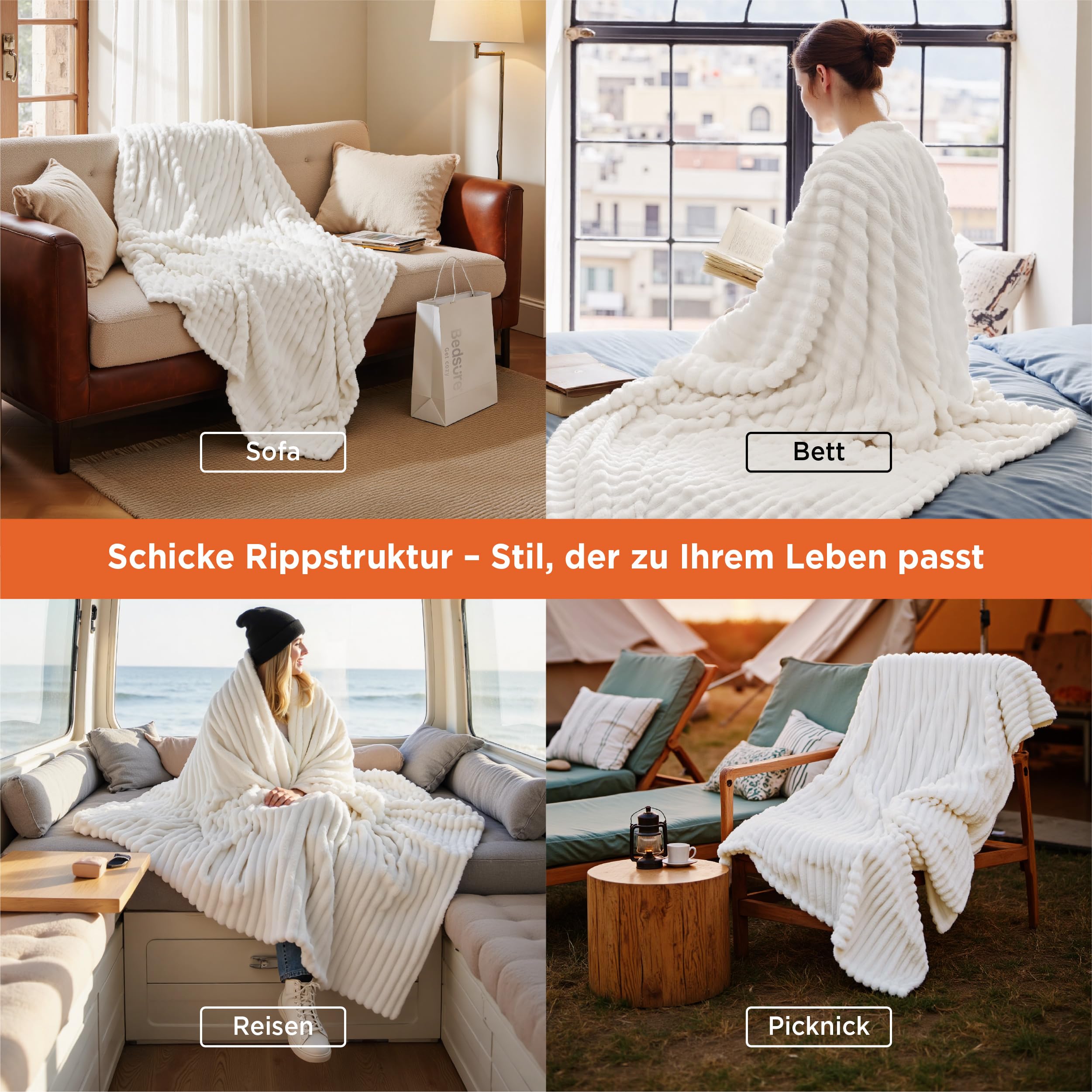 BEDSURE Kuscheldecke für Zimmer Deko - Wolldecke & Fleecedecke, Sofadecke, Weiche Warme Grobe Korddecke für Couch, Geschenke für Frauen, Tagesdecke, Wollweiß, 150 x 200 cm 5