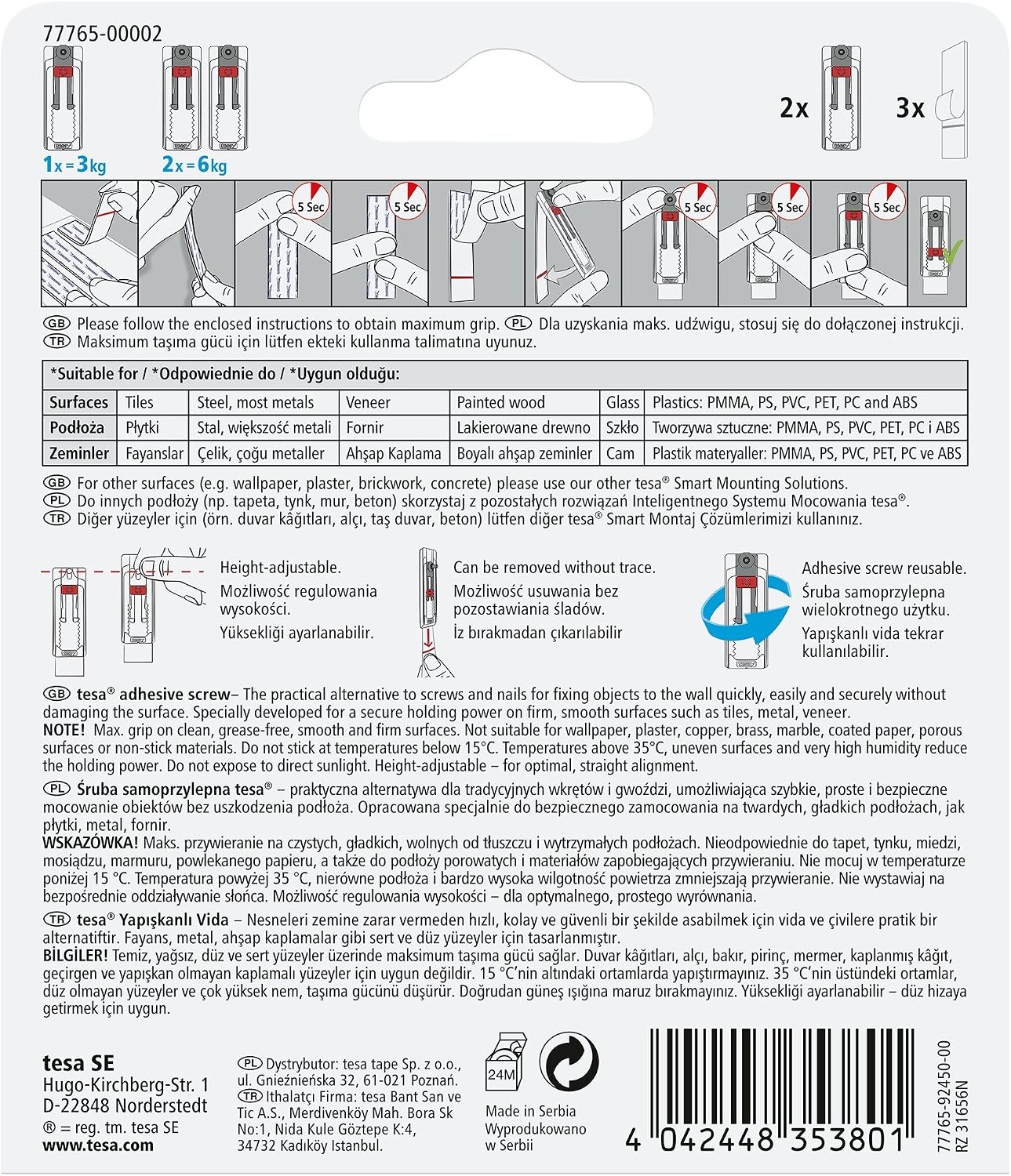 tesa 77765-00005-00 Smart Mounting System Adjustable Adhesive Screw Hook with Removable Adhesive Strips for Tiles Metal and Smooth Surfaces - Image 3