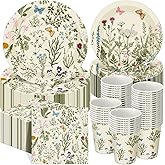 Ziliny 250 Pcs Wildflower Party Decorations Include Spring Summer Floral Paper Plates Napkins and Cups for Wildflower Baby Shower Tea Decorations, Serve 50 Guest(Light Green,Vintage Style)