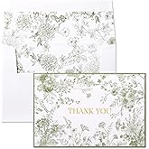 Crisky Green Floral Thank You Cards Gold Foil Greeting Notes Bulk with Envelopes (50 Pack) for Birthday, Baby Shower, Bridal Shower, Wedding, Graduation