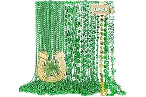EOBOH 48PCS St Patricks Day Necklace Accessories, 7 Kinds of St. Patricks Beads, Metallic Irish Shamrock Beer Mug Coins Pendants Beads Necklace, St Patricks Necklaces Bulk for Parade Party Supplies Favors