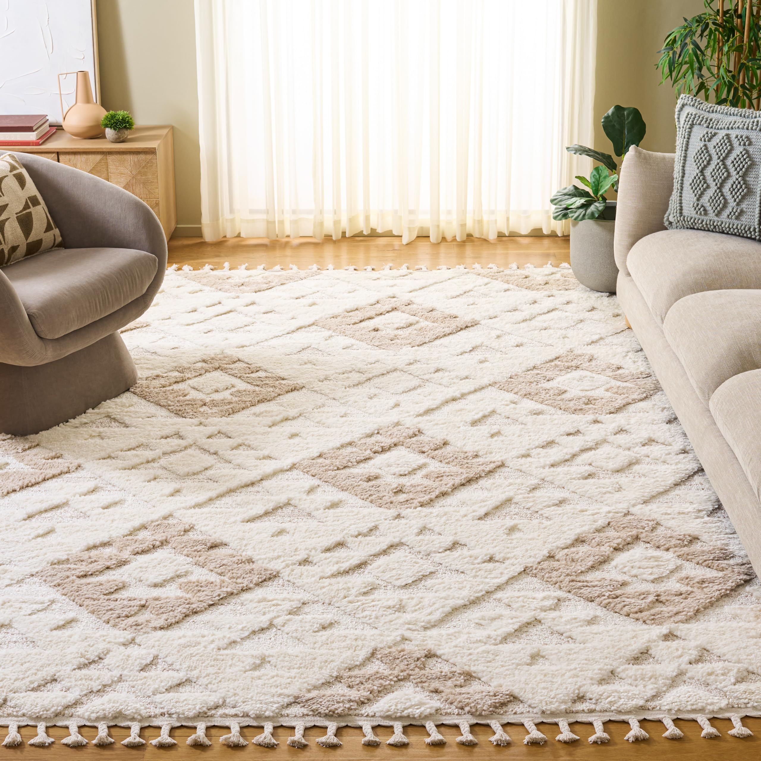 SAFAVIEH Area Rug 10x14 - Moroccan Tassel Shag Collection - Ivory & Beige, Non-Shedding & Easy to Clean, Plush High-Low Texture, Ideal for Living Room, Bedroom, Dining Space (MTS688B) Image