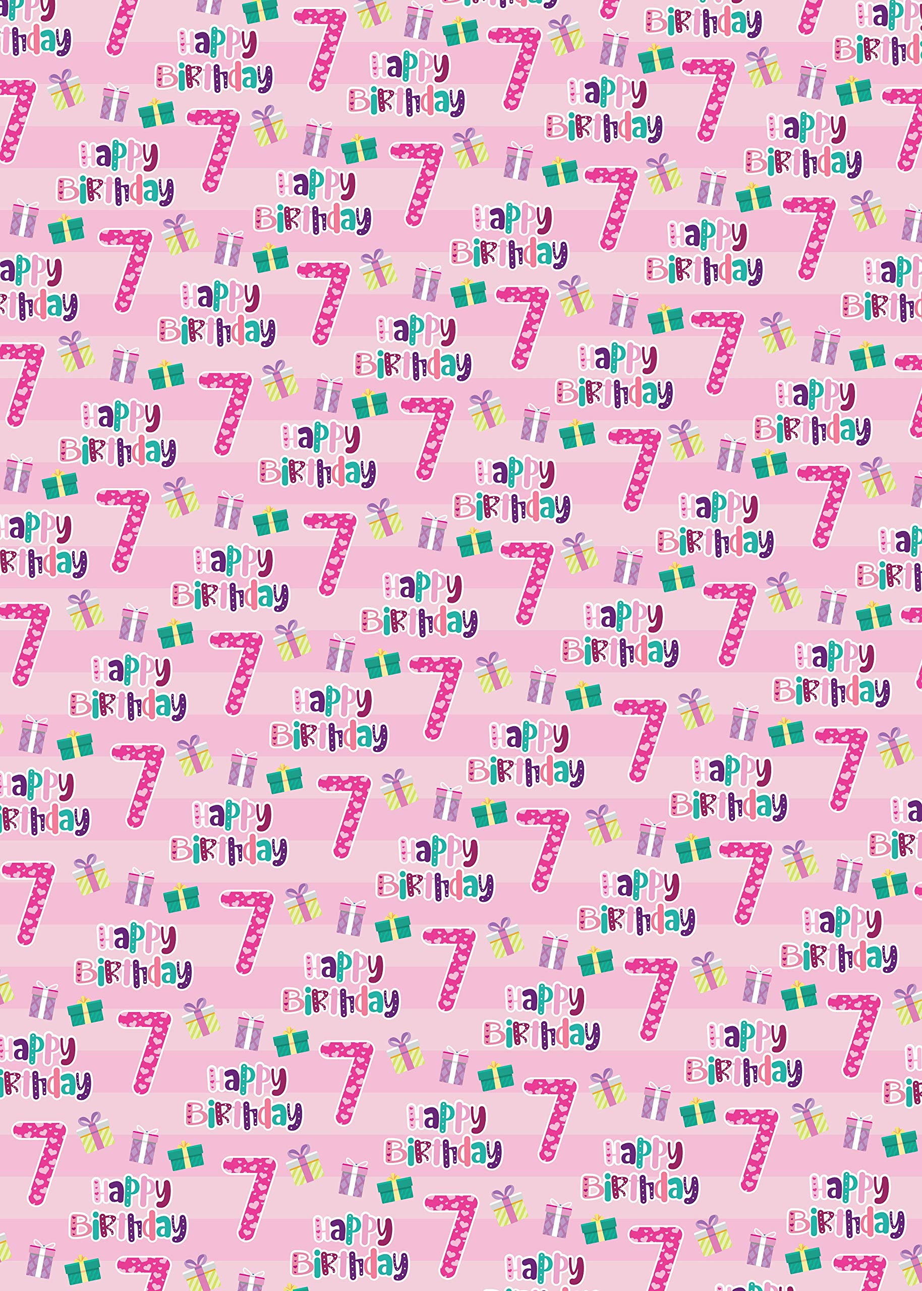 4 Sheets + 4 Gift Tags 7th Birthday Girl Pink Wrapping Paper Age 7 Cute Birthday Giftwrap Pink (PA)