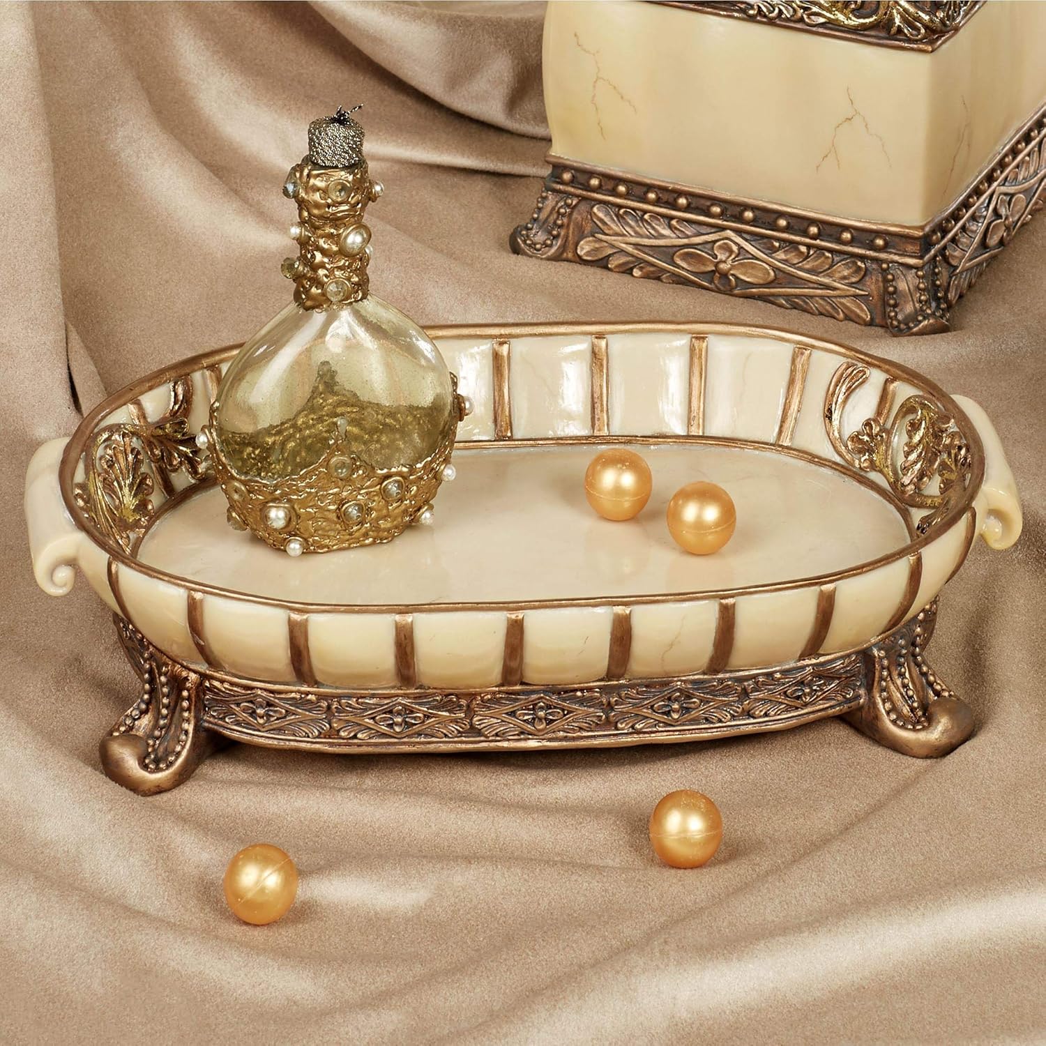 Amazon Com Touch Of Class Chalmette Elegant Bath Accessory Set Vanity Tray Gold Ivory Home Kitchen