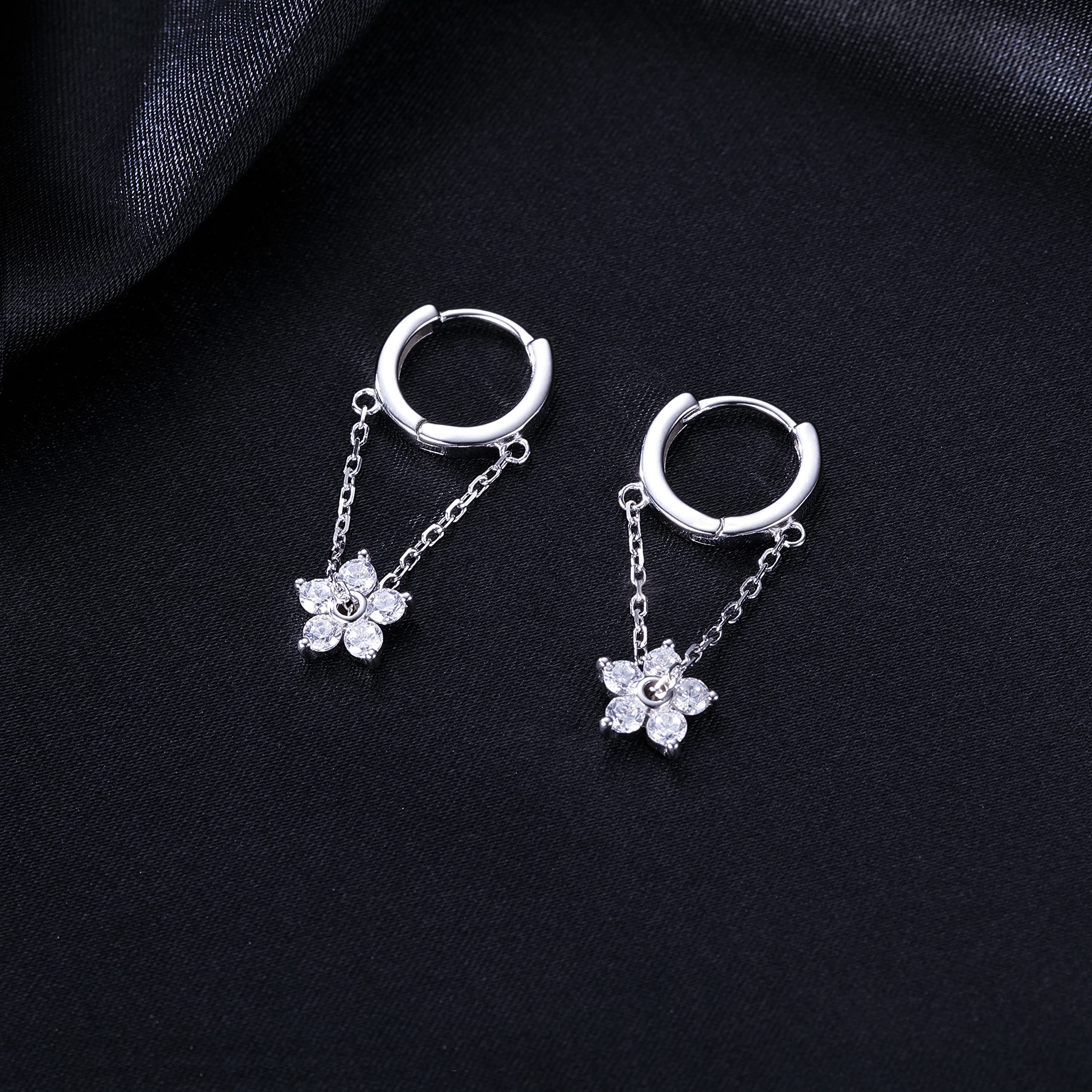 Reffeer 925 Sterling Silver Flower Chain Drop Earrings Hoop for Women Teens Huggie Hoop Dangle Earrings Chain