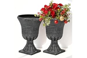 Ultym 22" Large Urn Planters (Set of 2), Handmade Washed Black Plastic Flower Pots, Weatherproof for Porch, Garden, Patio or Home Décor