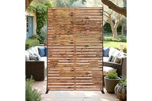FENCY Metal Privacy Screen Outdoor 72" H×47" W Natural Wood Brown Patio Privacy Screen, Freestanding Decorative Privacy Screen for Deck Balcony Patio