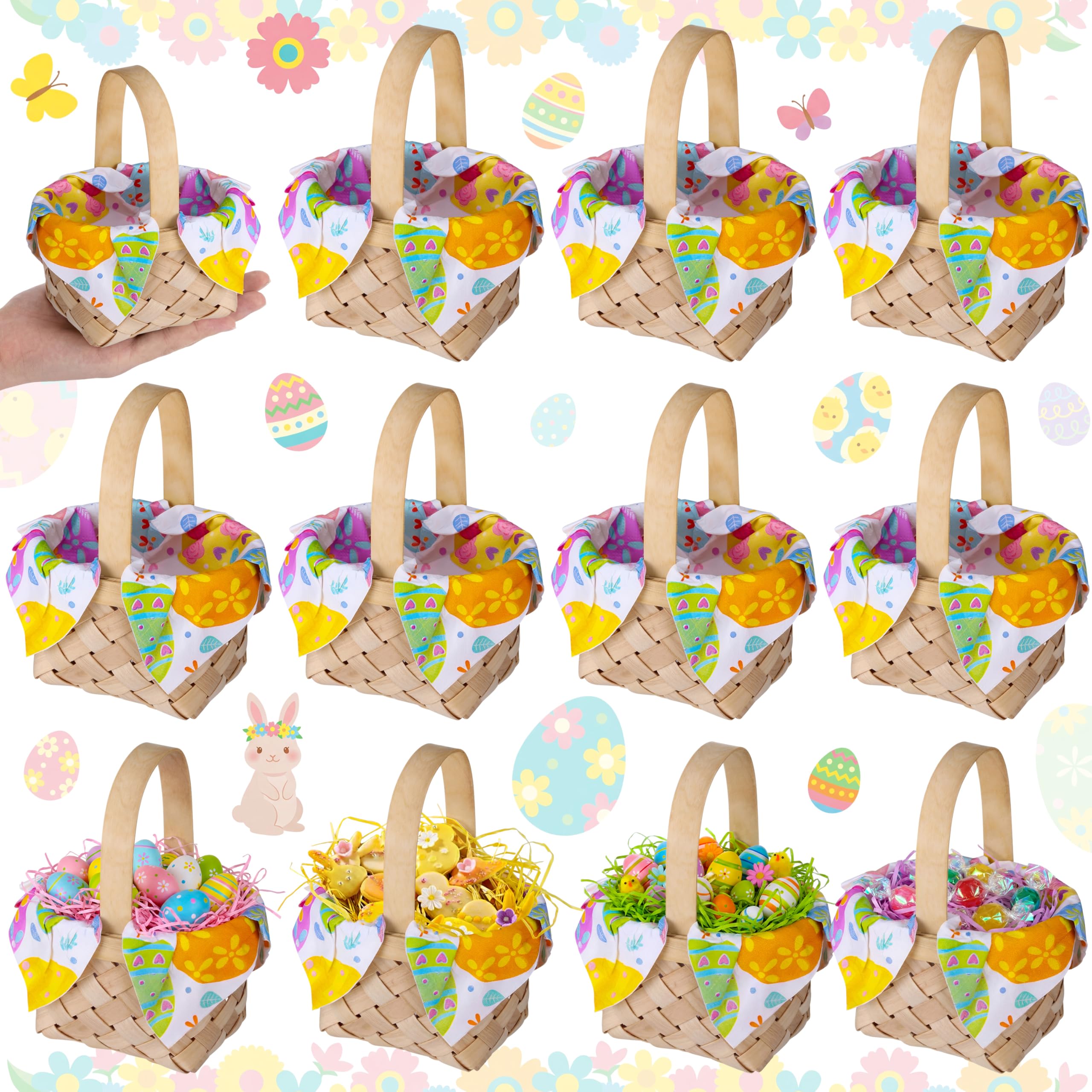 Photo 1 of 12 Pcs Mini Easter Basket Small Woven Picnic Baskets with Rabbit Egg Napkin and Raffia Grass Easter Party Favor Supplies for Bunny Party Favors Spring DIY Crafts Decorations