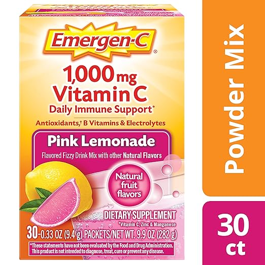 Emergen-C (30 Count, Pink Lemonade Flavor, 1 Month Supply) Dietary Supplement Fizzy Drink Mix with 1000mg Vitamin C, 0.33 Ounce Powder Packets, Caffeine Free