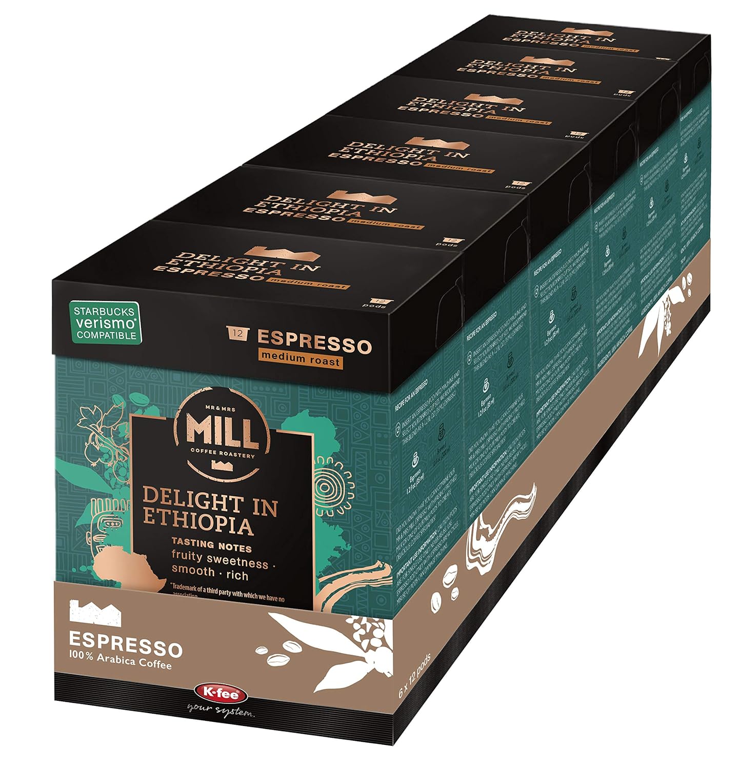 Mr and Mrs Mill Espresso Medium Roast Verismo Compatible Delight in Ethiopia Single Serve Coffee Pods 72 Count (6 boxes of 12 Pods each)