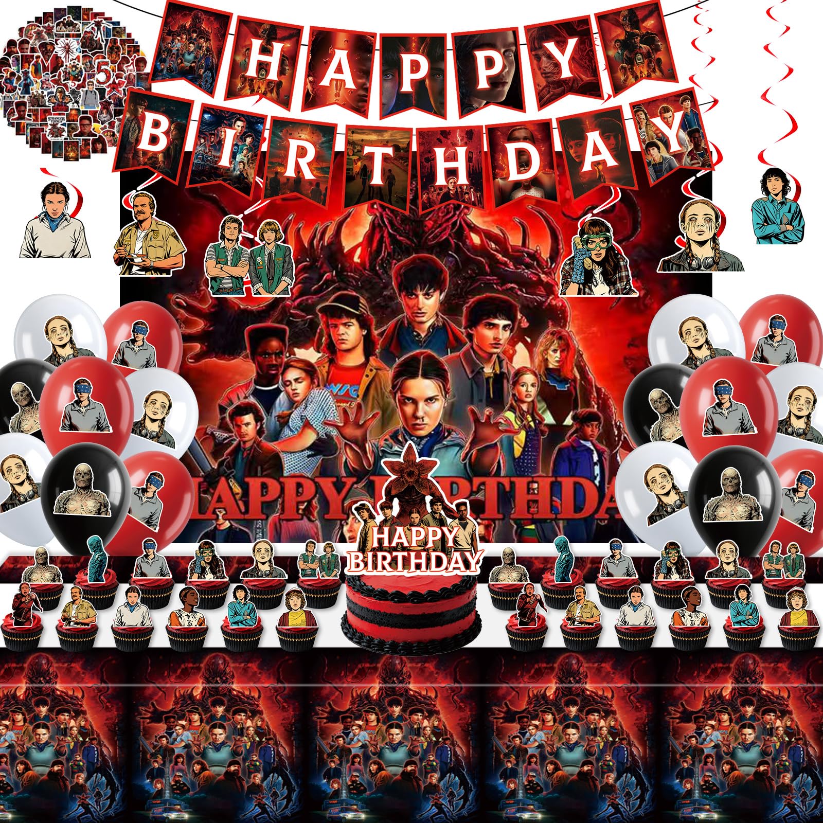 Photo 1 of 125Pcs Birthday Party Decorations Kit - Backdrop, Tablecloth, 15 Birthday Banner, 18 Balloons, Big Topper, 24 Cupcake Toppers, 6 Hanging Swirls, 60 Stickers for Themed Decor